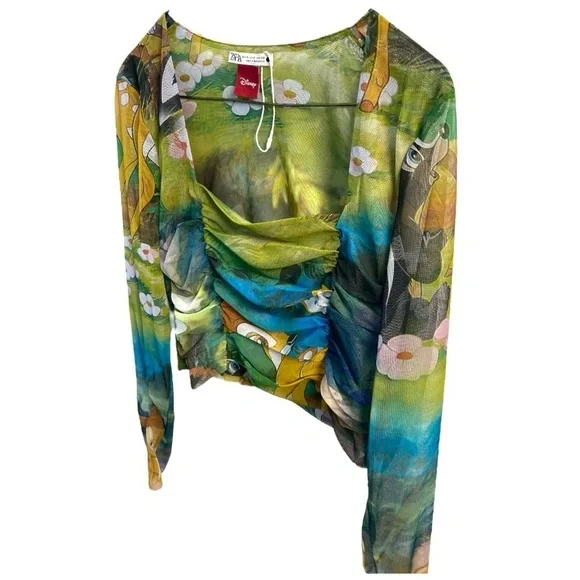 Zara x Disney Bambi Print Mesh Long Sleeve Crop Top W Ruching In Front (Flaw) - Picture 5 of 8